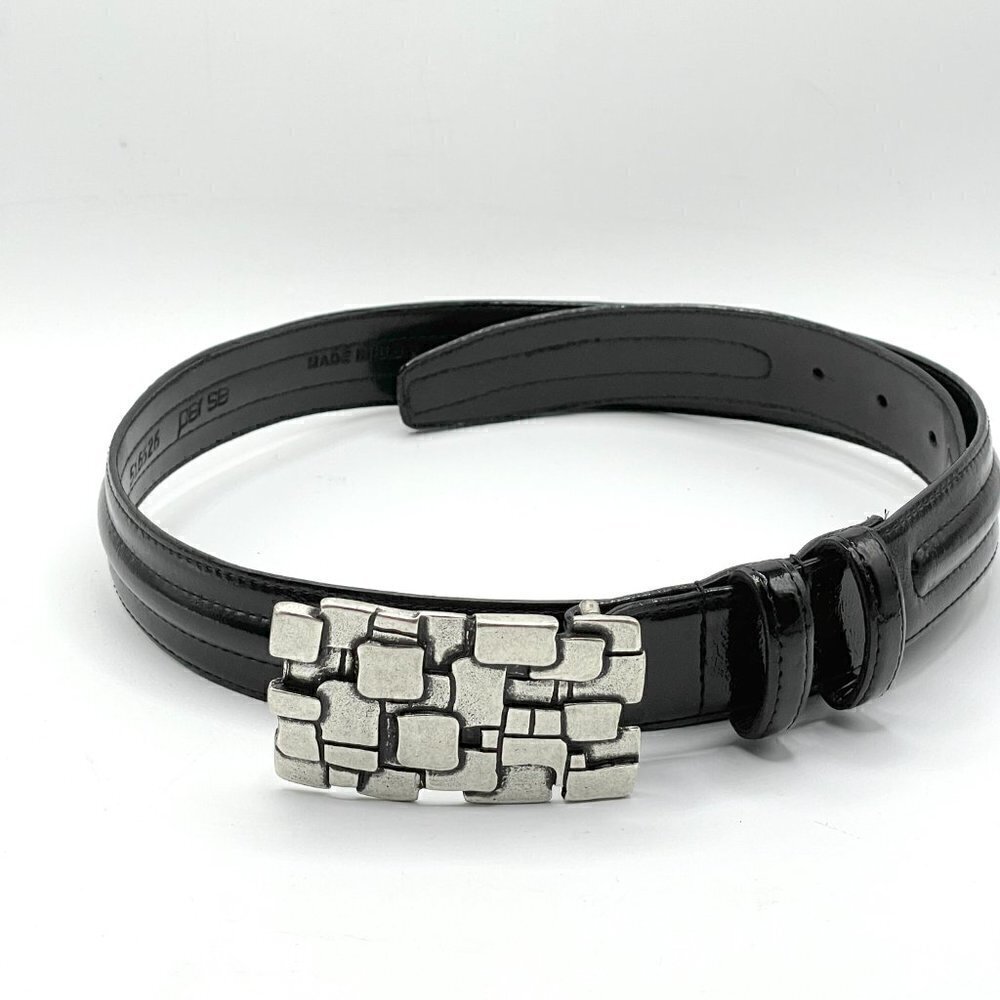Per Se Black Patent Waist Belt Brutalist Cast Silver Buckle Women's Large NWOT